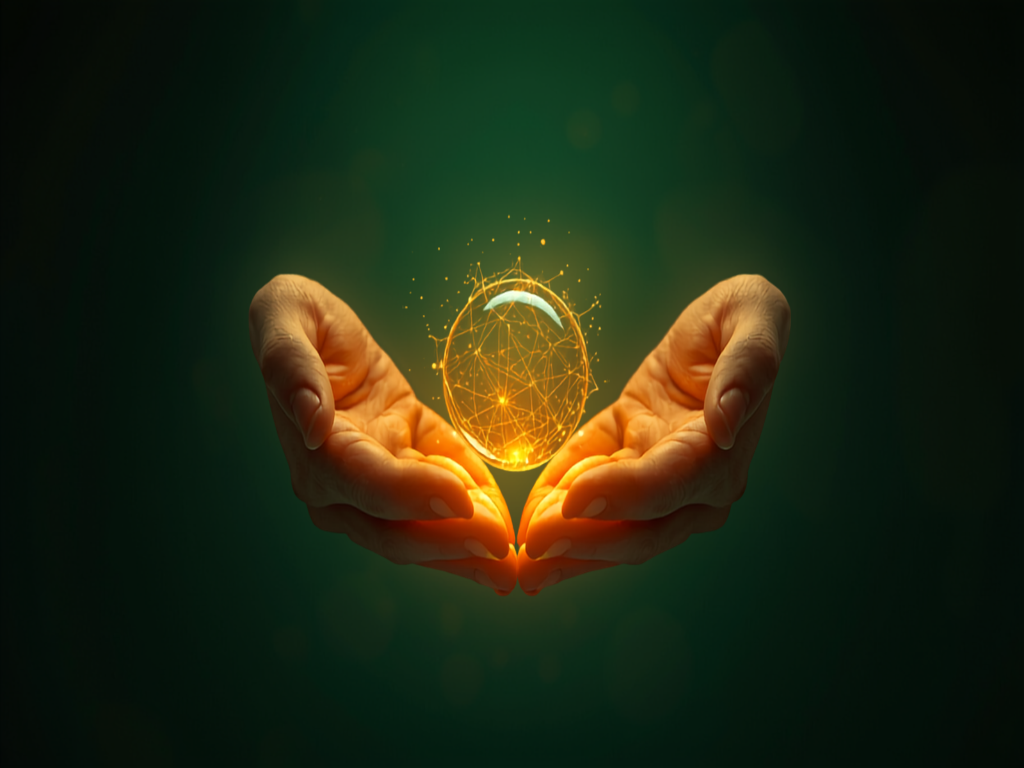 Cupped hands of light passing a glowing sphere