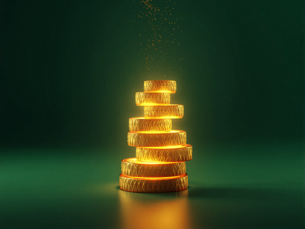 Stack of glowing coins growing upward