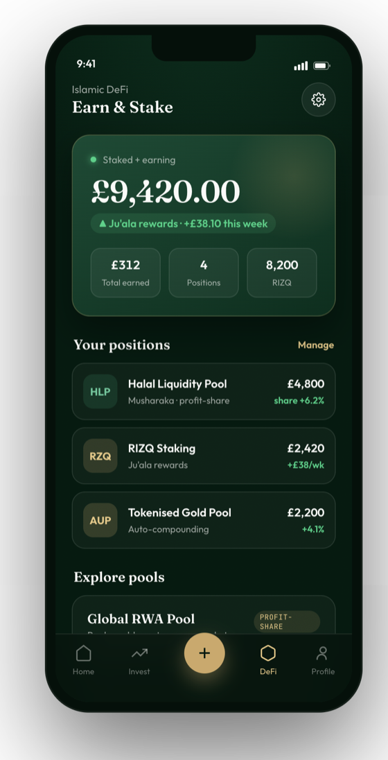 Rizq app Islamic DeFi positions