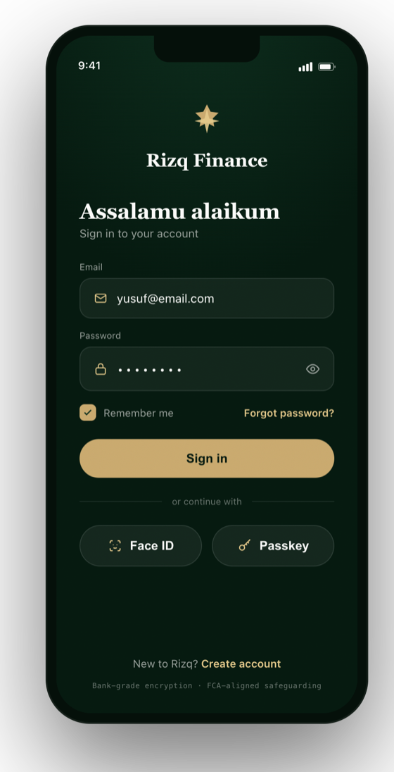 Rizq app sign in screen