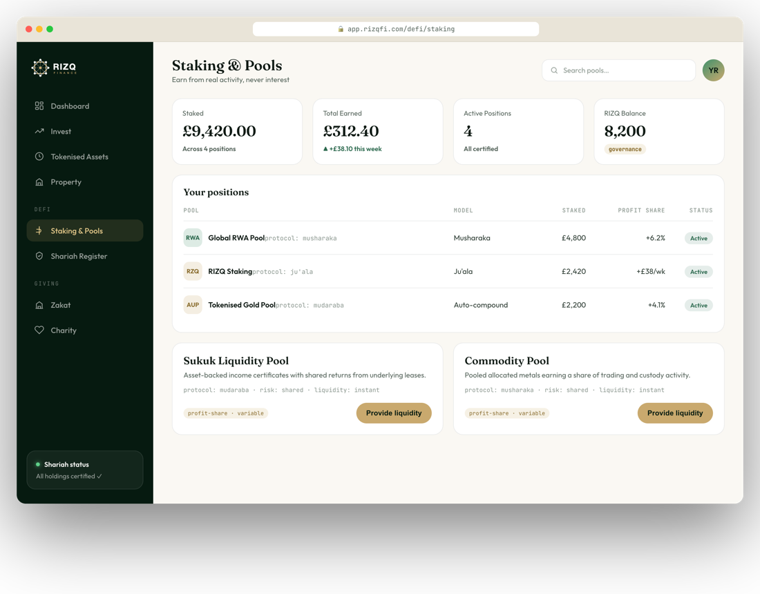 Rizq web staking and pools dashboard