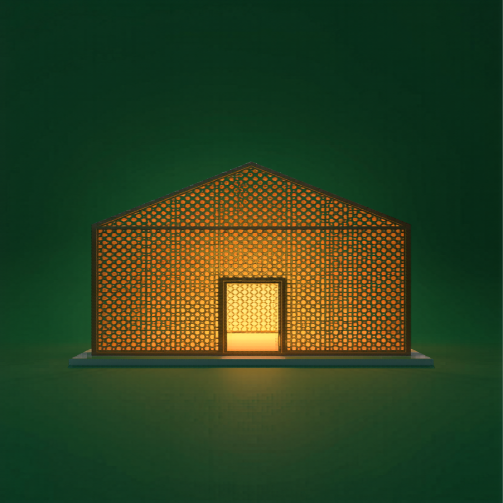 Golden Islamic lattice home glowing from within