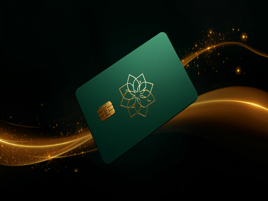 Emerald payment card with golden Islamic geometric pattern